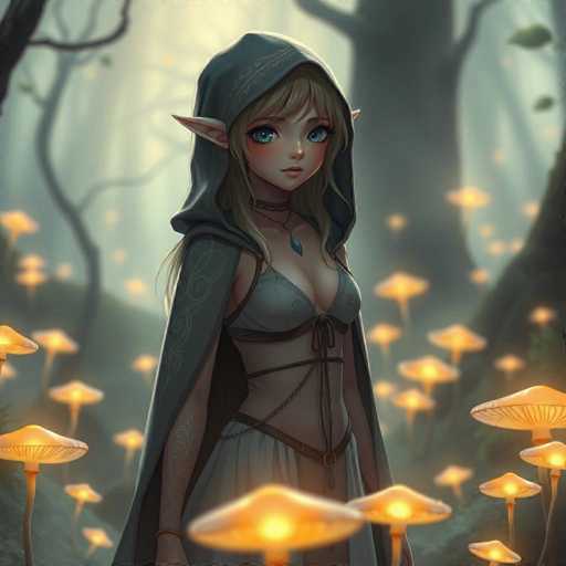 A woman with long blonde hair is standing in a forest filled with mushrooms and trees. She is wearing a blue hooded cloak that matches the color of her eyes. The background is dark and shrouded in shadows, creating an atmosphere of mystery and intrigue.