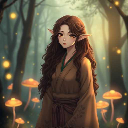 A woman with long brown hair and a green and red sash is standing in front of a forest filled with mushrooms. The background features trees and glowing mushrooms that cast an ethereal glow on the scene.