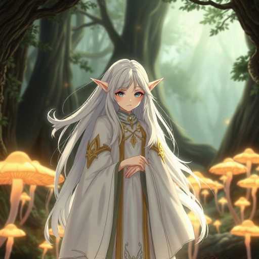 A white-haired girl with blue eyes stands in a forest filled with orange mushrooms and green trees.