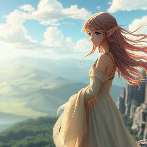 A young girl with long blonde hair and blue eyes stands on a cliff overlooking a valley below. She is wearing a white dress that flows down to her feet. The background features a clear blue sky dotted with fluffy white clouds, and the mountains in the distance are covered in lush green trees.
