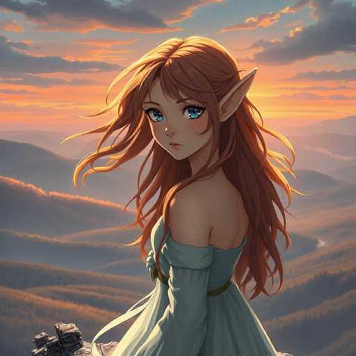 A young girl with long red hair and blue eyes stands on a cliff overlooking a valley below. She is dressed in a light blue dress that contrasts with the warm hues of the sunset behind her. The sky above is painted in shades of orange and pink, creating a breathtaking backdrop for the scene.