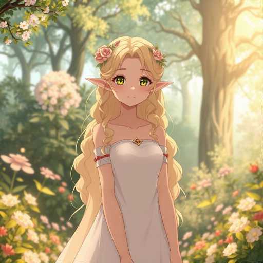 A young girl with blonde hair and a white dress stands in front of a forest filled with pink flowers. She is wearing a crown on her head and has a flower in her hair.