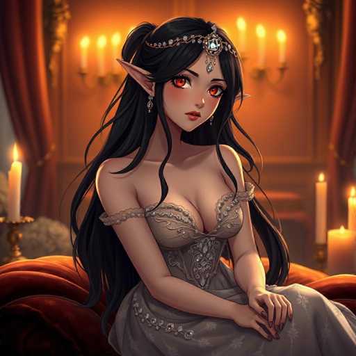 A woman with long dark hair is sitting on a red couch and wearing a white dress with silver accents. She has her hands clasped together and is looking directly at the camera. The room around her features gold curtains and chandeliers hanging from the ceiling, creating an opulent atmosphere.