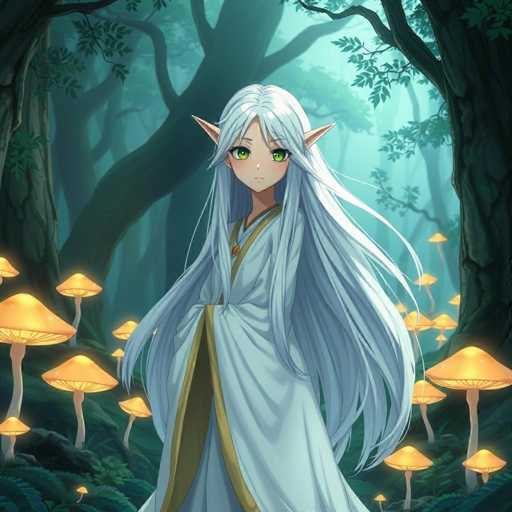 A young girl with long blonde hair and green eyes stands in a forest filled with mushrooms of various sizes and colors, including yellow and orange ones. She is dressed in a white robe with gold trim and has a crown on her head.