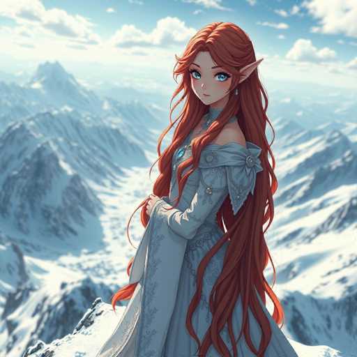 A young girl with long red hair and a blue dress stands on top of a snowy mountain peak, gazing out at the breathtaking view below her.