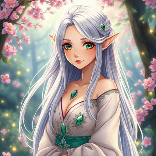 A young girl with long blonde hair and green eyes is the main subject of this digital illustration. She is wearing a white dress adorned with green jewels that sparkle under the light. The background features trees filled with pink flowers, creating a whimsical and enchanting atmosphere.
