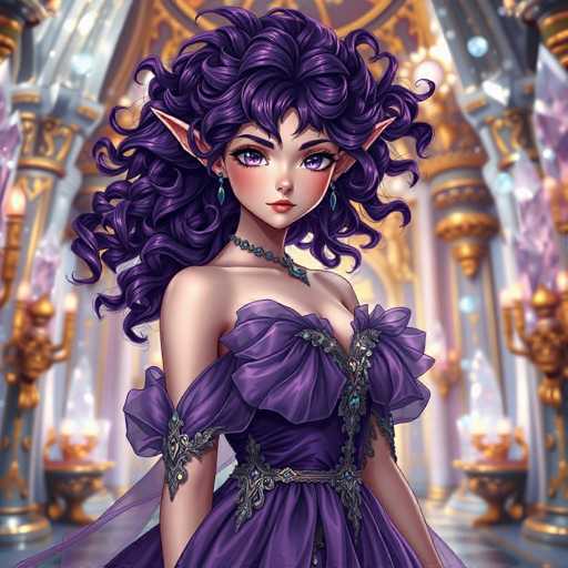 The image depicts a woman with long purple hair wearing a purple dress adorned with gold accents and a matching headpiece featuring blue gemstones. The woman is standing against the backdrop of an ornate room filled with gold and white decorations, including chandeliers hanging from the ceiling.
