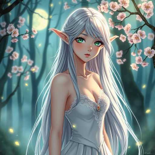 A young girl with long blonde hair and green eyes stands in a forest surrounded by pink flowers. She is wearing a white dress that contrasts with the dark blue sky behind her. The trees around her have leaves of various colors, creating a vibrant and lively scene.