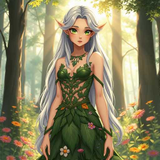 A woman with long blonde hair and green eyes is standing in a forest surrounded by trees and flowers. She is wearing a dress made of leaves and flowers that matches the natural surroundings. The background features a variety of trees and flowers, creating a serene and enchanting atmosphere.