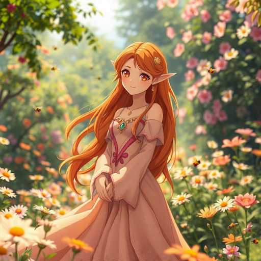 A young girl with long red hair is standing in a garden filled with flowers and trees. She is wearing a pink dress that matches the color of the flowers around her. The background features a variety of colorful flowers and trees, creating a vibrant and lively atmosphere.