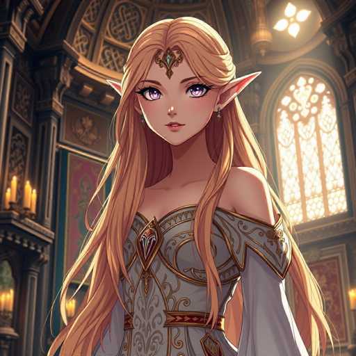 A beautiful girl with long blonde hair is standing in front of a window that has candles on it. She is wearing a dress adorned with gold and red designs, and she is looking directly at the camera. The background features an ornate archway and a painting on the wall behind her.