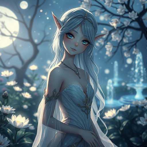 A young girl with long blonde hair and blue eyes stands in a garden surrounded by white flowers and trees under the moonlight. She is wearing a white dress adorned with gold accents and a crown on her head.