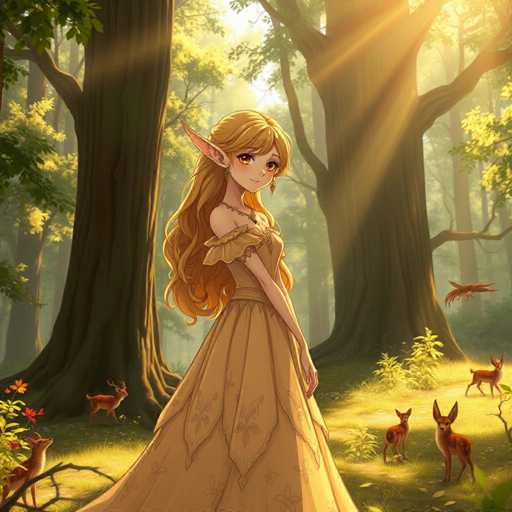 A woman with long blonde hair and a yellow dress stands in a forest surrounded by deer.