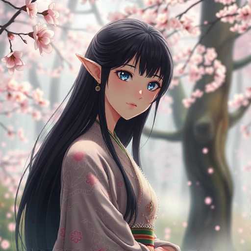 A young girl with long dark hair is standing in a forest surrounded by cherry blossom trees and pink flowers. She is wearing a traditional Japanese kimono that has white floral patterns on the sleeves and collar. The girl's gaze is directed off to the side, and she appears to be lost in thought or daydreaming.