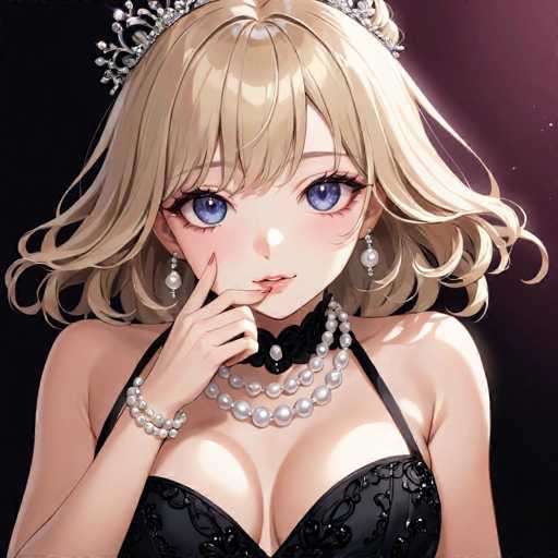 The image depicts a woman with blonde hair wearing a black dress and pearls. She is looking directly at the camera while holding her hand up to her face. The background of the image is dark purple, which contrasts with the lighter colors on the woman's face and dress.