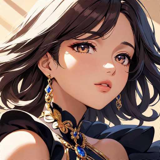 The image shows a close-up portrait of a young woman with long dark hair and striking blue eyes. She is wearing a gold necklace that features a large blue gemstone at the center. The background appears to be a light yellow color, which contrasts nicely with her dark hair and accentuates her features.
