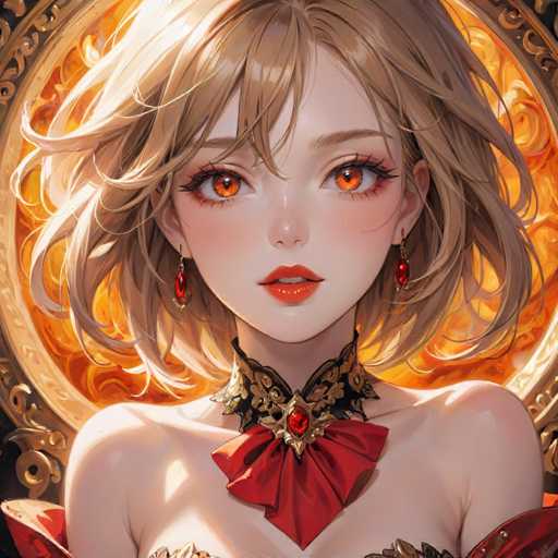 The image shows a close-up portrait of a young woman with blonde hair and red eyes. She is wearing a gold necklace and earrings that match the warm tones of her hair color. The background features an orange circle with gold accents, which adds depth to the scene.