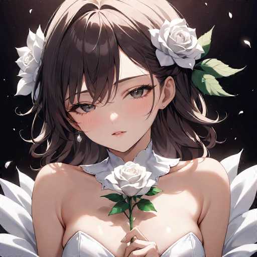 The image depicts an anime character with long brown hair and a white dress adorned with green leaves. The character is holding a single white rose in her hand.