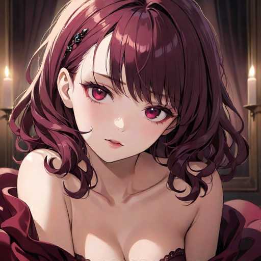 The image shows an anime character with long brown hair and red eyes wearing a black dress. The character is looking directly at the camera with a serious expression on her face.