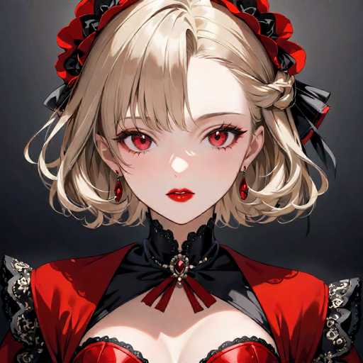 The image shows an anime character with blonde hair and red eyes wearing a black and red outfit that includes a corset and a headpiece. The character is looking directly at the camera with a serious expression on her face.