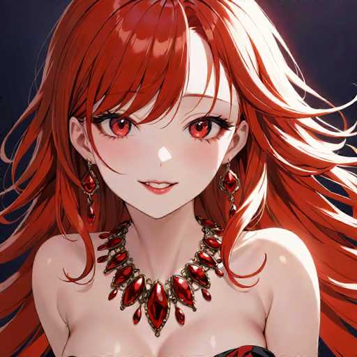 The image shows an anime character with long red hair and a necklace featuring large red jewels. The character is wearing a black dress that contrasts with her vibrant appearance.
