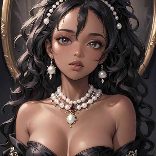 The image depicts a woman with long dark hair wearing a black dress and pearl earrings. She is looking directly at the camera with an expression of sadness or contemplation. The background features a gold-framed mirror that reflects the woman's face, adding depth to the scene.