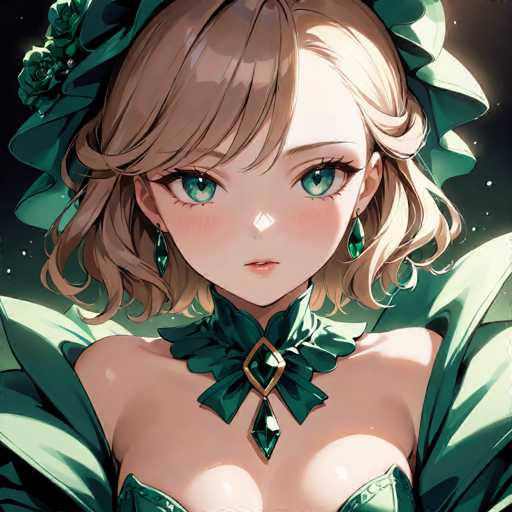 The image shows a close-up portrait of a young woman with blonde hair and green eyes wearing a green dress and a green headpiece adorned with flowers. The background is dark and out of focus, drawing attention to the woman's face.