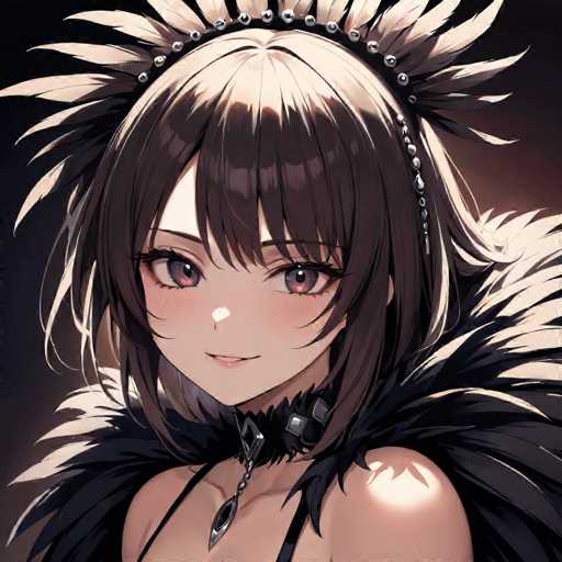 The image shows an anime character with a black and white feather headdress on her head. The character has brown hair and is wearing a necklace around her neck. She is looking directly at the camera with a smile on her face.
