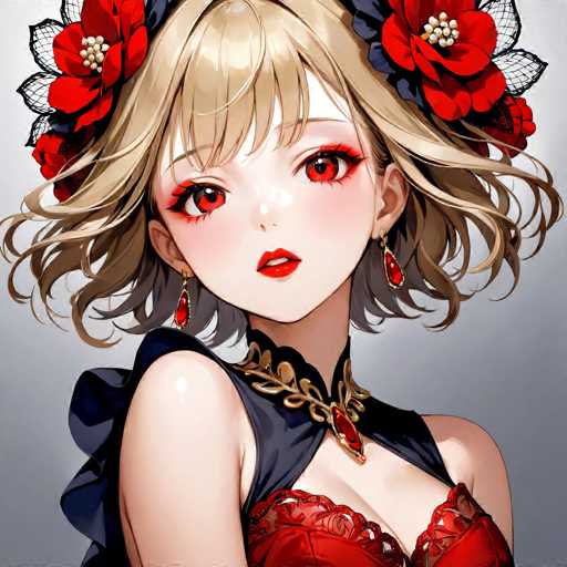 The image depicts a young girl with blonde hair wearing a red and black dress adorned with red flowers on her head. She is looking directly at the camera with an expression of concentration or thoughtfulness. The background features a gradient of gray tones that blend seamlessly into the overall composition, allowing the focus to remain on the girl and her attire.