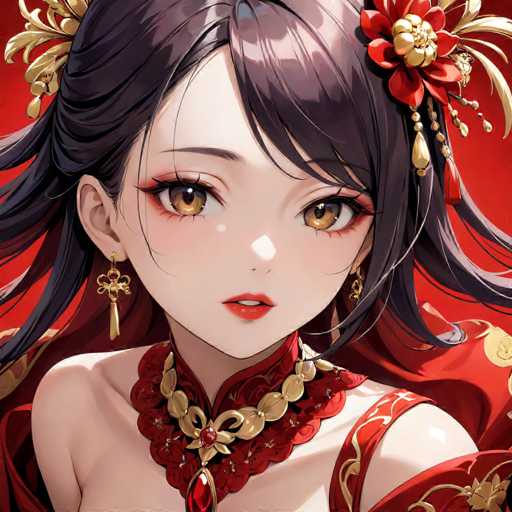 The image shows an anime character with dark hair and a red dress adorned with gold accents. The character is wearing a gold headpiece that features a flower design on the left side of her face. She has brown eyes and a small nose, giving her a unique appearance. The background is a vibrant red color, which contrasts with the character's attire and adds depth to the image.