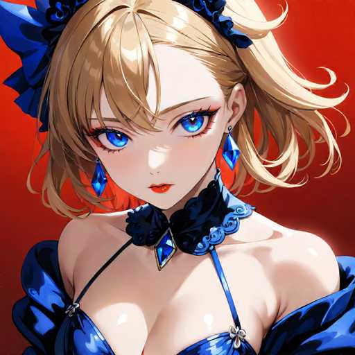 The image shows a female character with blonde hair and blue eyes wearing a blue dress and a black headpiece. The character is looking directly at the camera with an intense expression on her face.