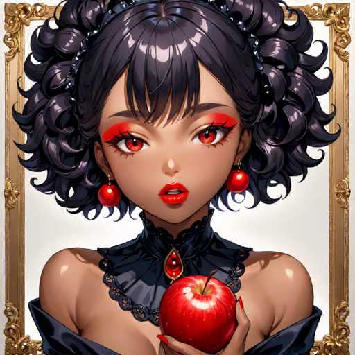 A woman with black hair and red eyes is shown holding an apple against a white background. She has a black dress on and is wearing earrings that match the color of her hair. The image does not contain any text or other objects.
