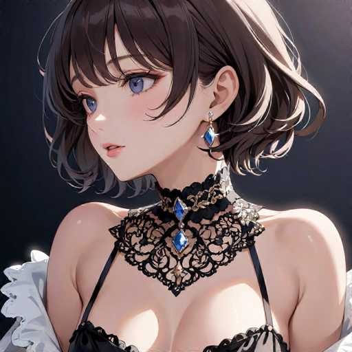 A woman with short brown hair and a black lace bra is shown wearing earrings and a necklace. She has blue eyes and a serious expression on her face as she gazes off to the side. The background is dark and out of focus, drawing attention to the woman in the foreground.
