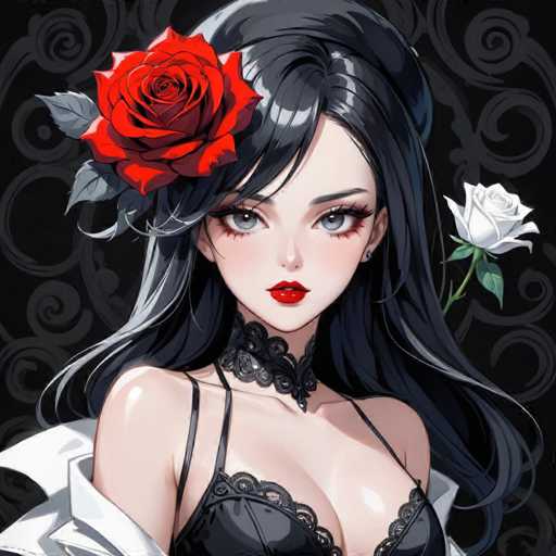 The image depicts a woman with long dark hair wearing a black lace bra and a red rose pinned to her hair. She is looking directly at the camera with an intense gaze. The background features a black and white floral pattern that contrasts with the woman's attire.