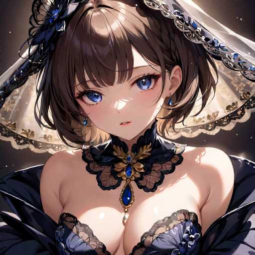 The image depicts an anime character with a blue dress and a black headpiece, wearing earrings and a necklace. The character has long hair and is looking directly at the camera.