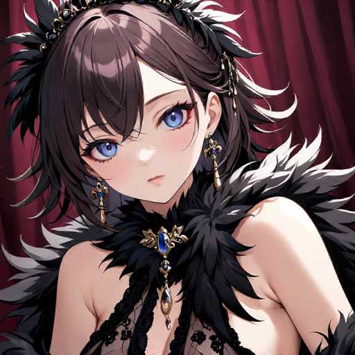 The image shows an anime character with long brown hair and blue eyes wearing a black feathered headdress and earrings. The character is looking directly at the camera with a serious expression.