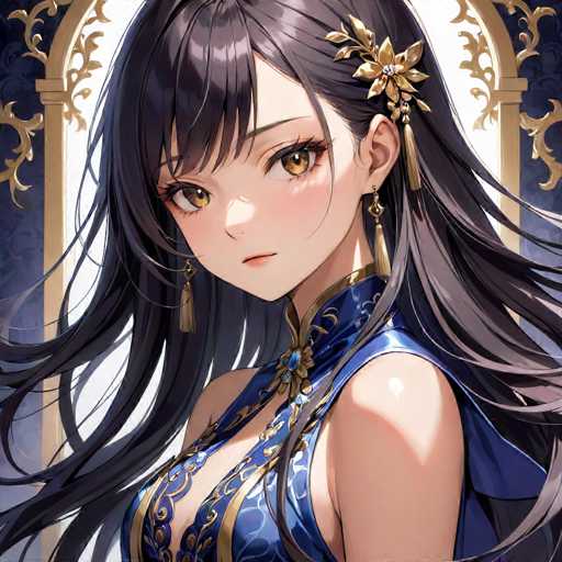 The image shows an anime character with long dark hair and a blue dress adorned with gold accents. The character is wearing a gold flower in her hair and has a serious expression on her face.