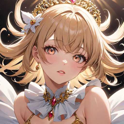 The image shows an anime character with blonde hair and a white dress adorned with gold accents. The character is wearing a tiara on her head and has a red gemstone necklace around her neck. She is looking directly at the camera with a serious expression.