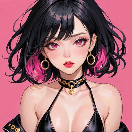 The image depicts a female character with long black hair styled in loose waves and wearing a gold necklace and earrings. The background is a vibrant pink color, which contrasts with the dark hair of the woman.