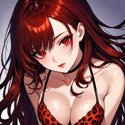 The image shows an anime character with long red hair and a red braided hairstyle wearing a black bikini top with a leopard print pattern. The character is looking directly at the camera with a serious expression on her face.