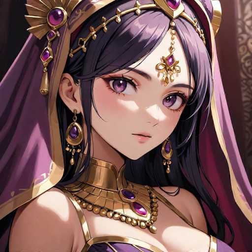 The image shows a young girl with long dark hair wearing a purple dress and gold jewelry. She is looking directly at the camera with an expression of concentration or thoughtfulness. The background appears to be a dark room with a window visible in the top left corner.