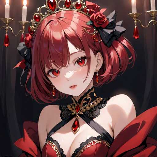 The image depicts an anime character with a red headband and a black dress adorned with gold accents. The character is wearing a tiara made of red roses and has a necklace featuring a large, sparkling gemstone at the center of her outfit.