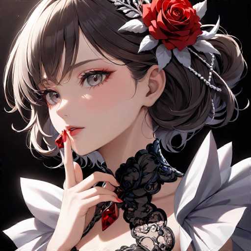 The image depicts a young woman with long brown hair wearing a white dress and a red rose in her hair. She is holding a red crystal in her hand. The background of the image is black, which contrasts with the white dress and red rose, making them stand out.