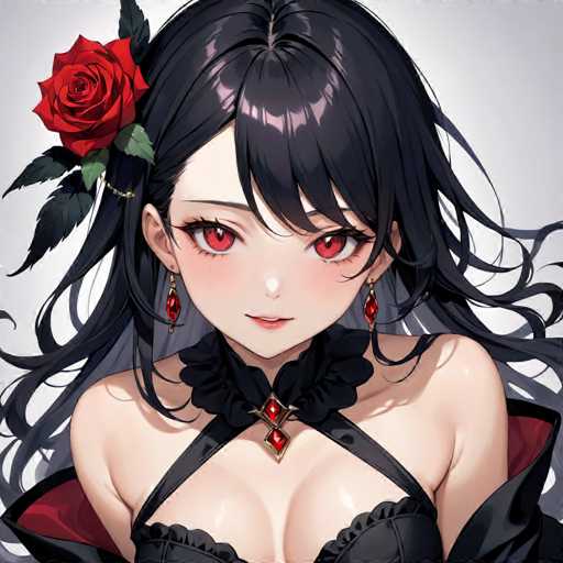 The image shows an anime character with long black hair and red eyes wearing a black dress with a red collar and a large rose pinned to her hair. The character is looking directly at the camera with a serious expression on her face.