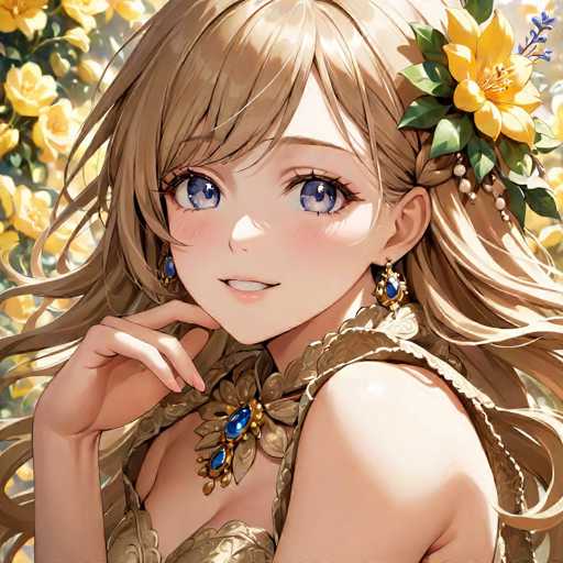 The image depicts a young girl with long blonde hair wearing a gold dress and a blue flower in her hair. She is smiling at the camera while looking directly into it. The background features yellow flowers that add to the overall brightness of the scene.