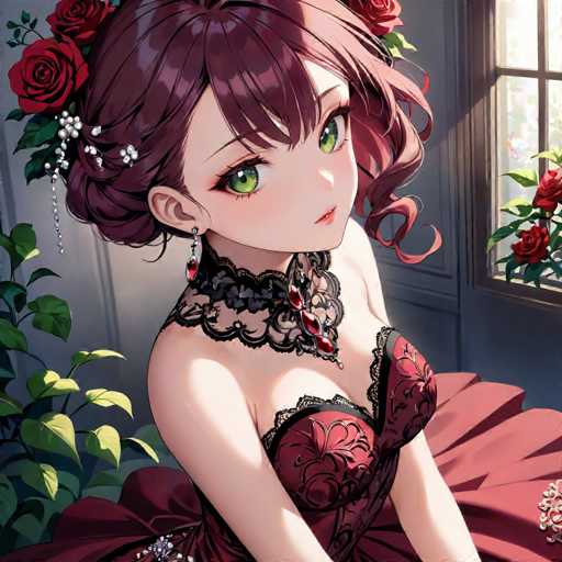 A young girl with long brown hair and green eyes is depicted wearing a red dress adorned with lace detailing and a black choker necklace. The girl's gaze is directed towards the camera, and she appears to be in a room filled with potted plants and flowers.