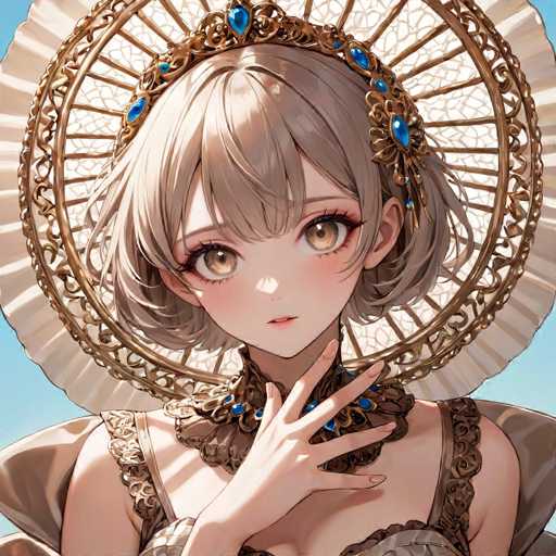 The image depicts an anime character with a light brown hair color and dark eyes wearing a gold crown on her head. She is holding a parasol over her shoulder and has a hand resting on her chin. The background features a white parasol with intricate designs in gold and blue, suggesting the setting could be a palace or a similar grand location.