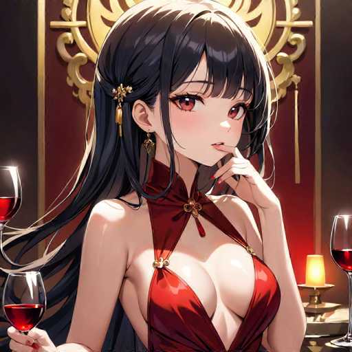 The image depicts an anime character with long dark hair and a red dress, holding two glasses of wine and looking directly at the camera. The background features a gold-colored wall adorned with a decorative design.
