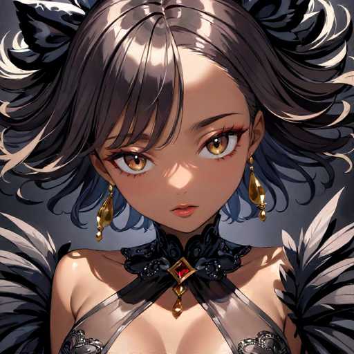 The image shows an anime character with long brown hair and a black neckline wearing a gold necklace and earrings. The character is looking directly at the camera with a serious expression on their face.
