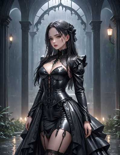 A woman is standing in front of a Gothic archway with a lantern hanging from it and rain falling outside the window. She is wearing a black dress that has lace detailing on the bodice and skirt, and she is holding a candle.